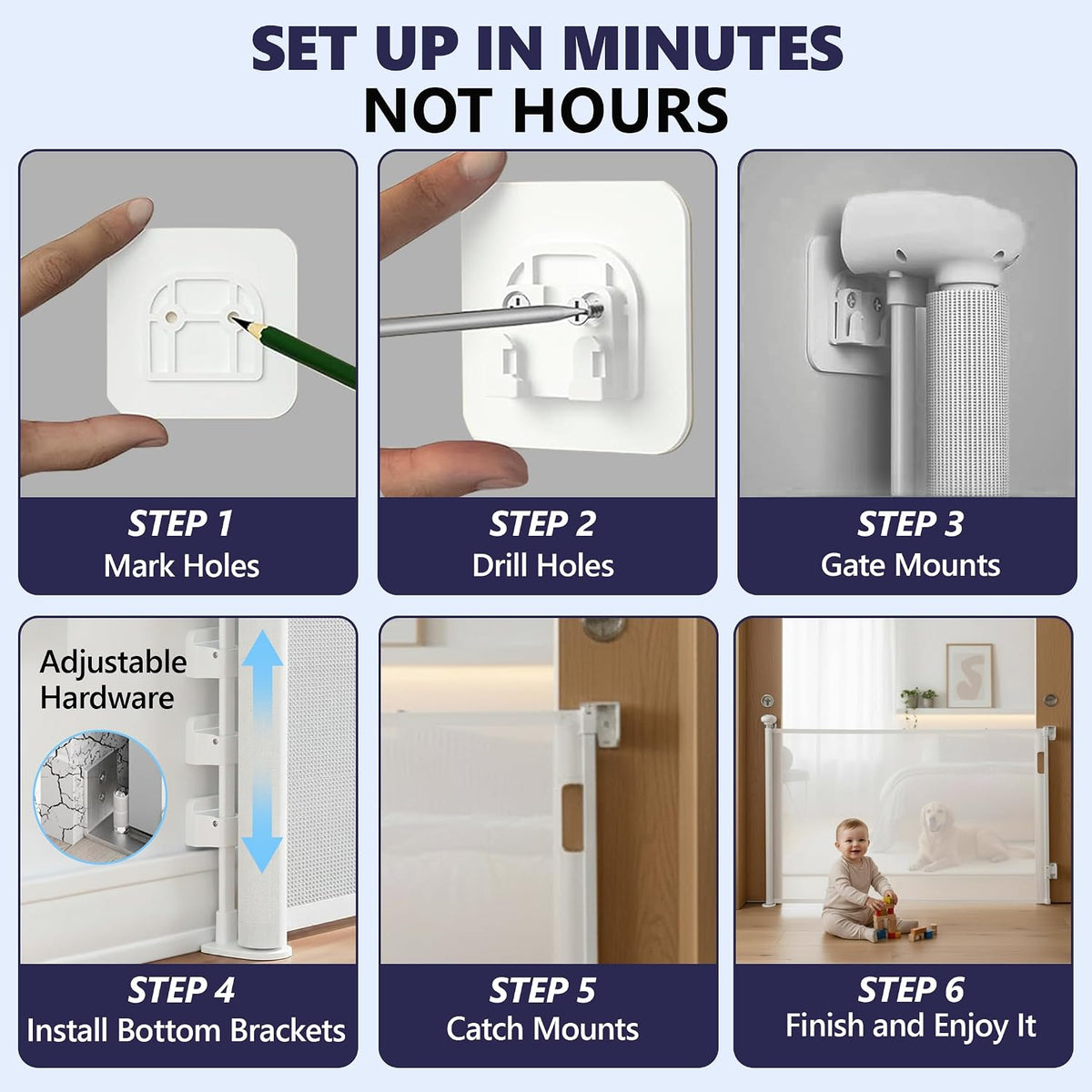 Retractable Baby Gates - 55 Inch - White Color - Use for stairs, gates - Stop pets
