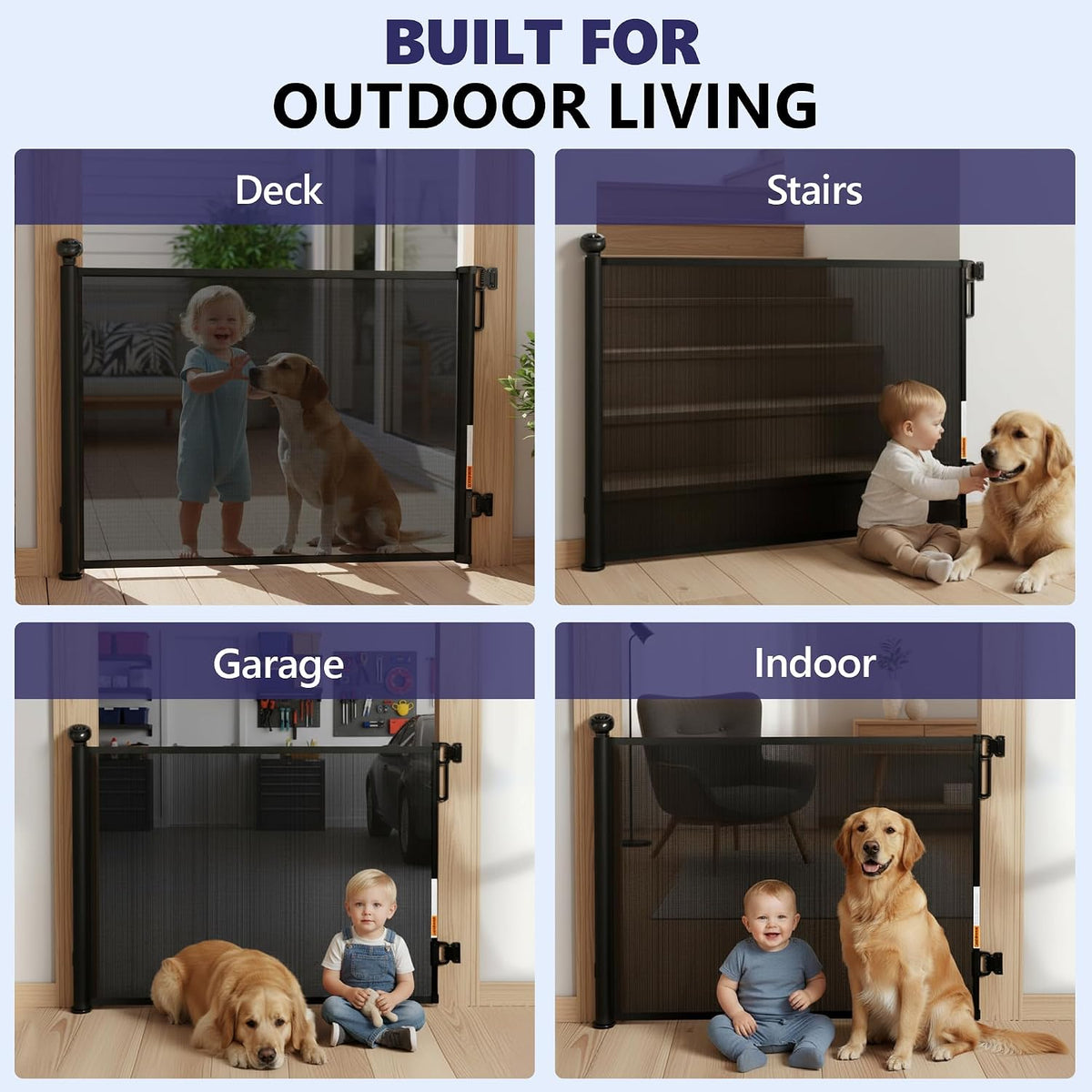 Retractable Baby Gates - 55 Inch - Black Color - Use for stairs, gates - Stop pets