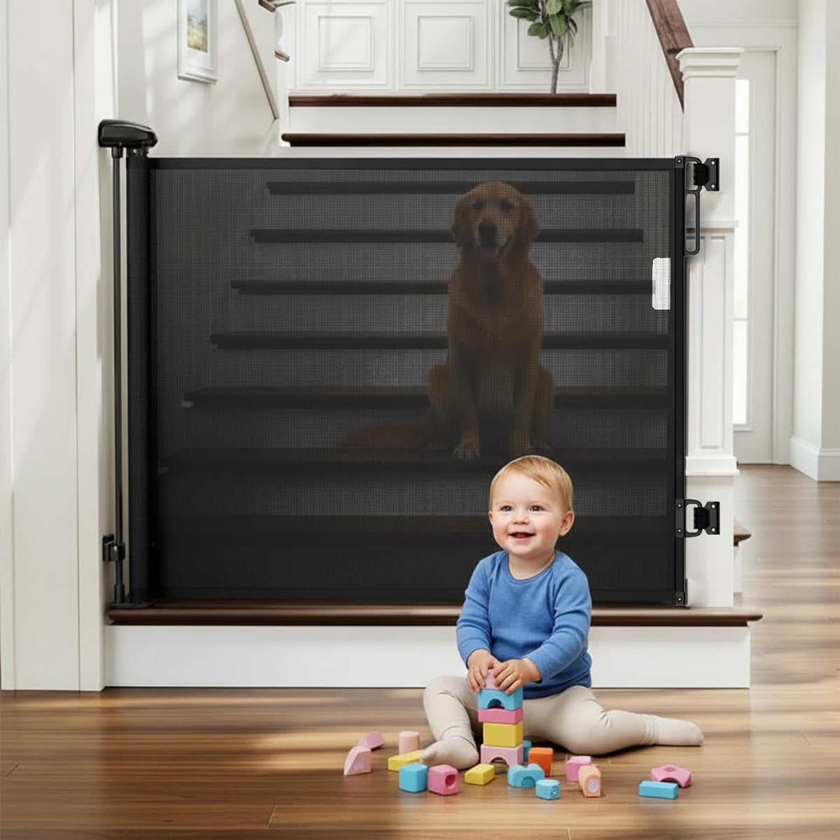 Retractable Baby Gates - 55 Inch - Black Color - Use for stairs, gates - Stop pets