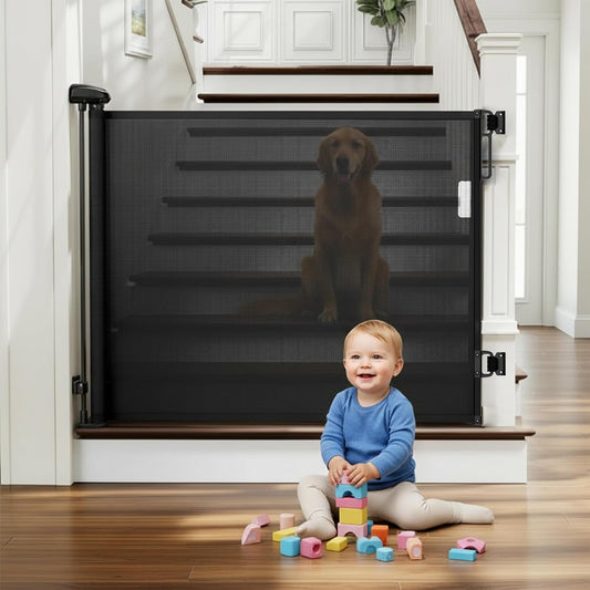 Retractable Baby Gates - 55 Inch - Black Color - Use for stairs, gates - Stop pets