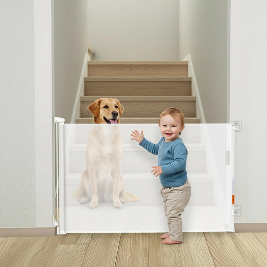 Retractable Baby Gates - 55 Inch - White Color - Use for stairs, gates - Stop pets