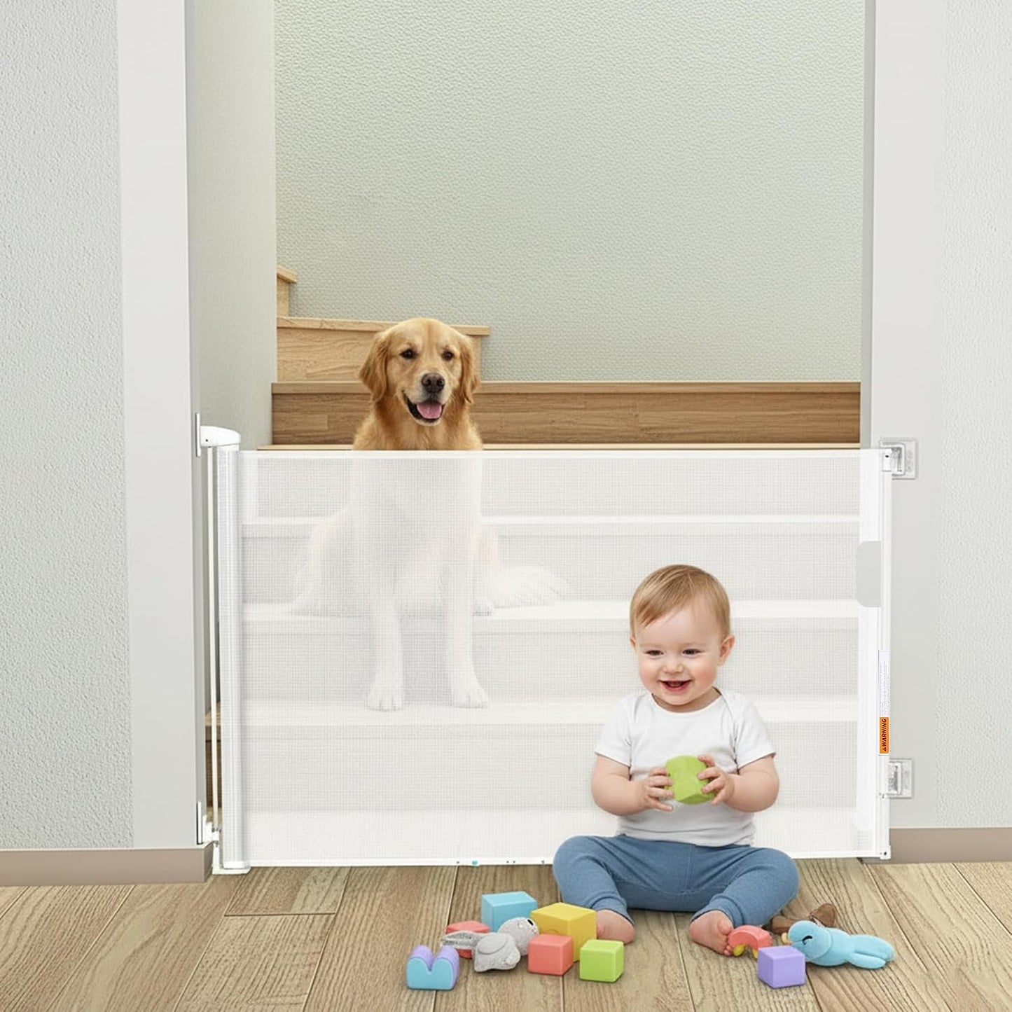 Retractable Baby Gates - No Drill - 55 Inch - White Color - Use for stairs, gates - Stop pets