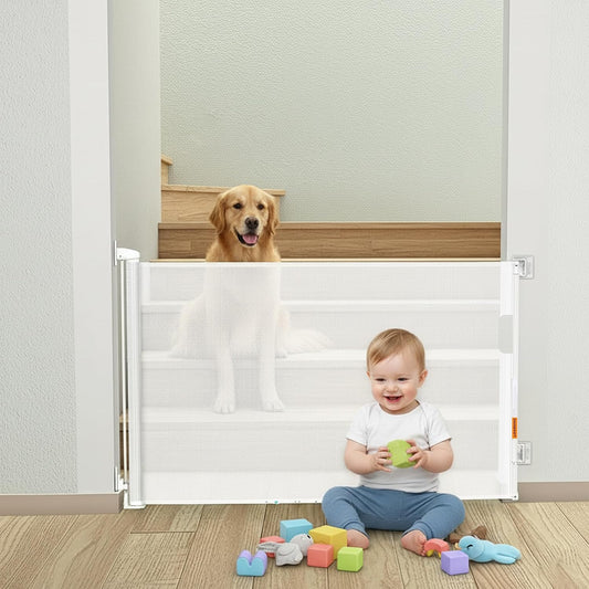 Retractable Baby Gates - No Drill - 55 Inch - White Color - Use for stairs, gates - Stop pets