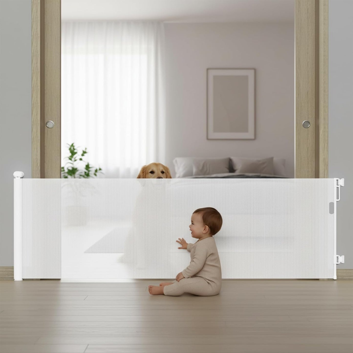 Retractable Baby Gates - 120 Inch - White Color - Use for stairs, gates - Stop pets