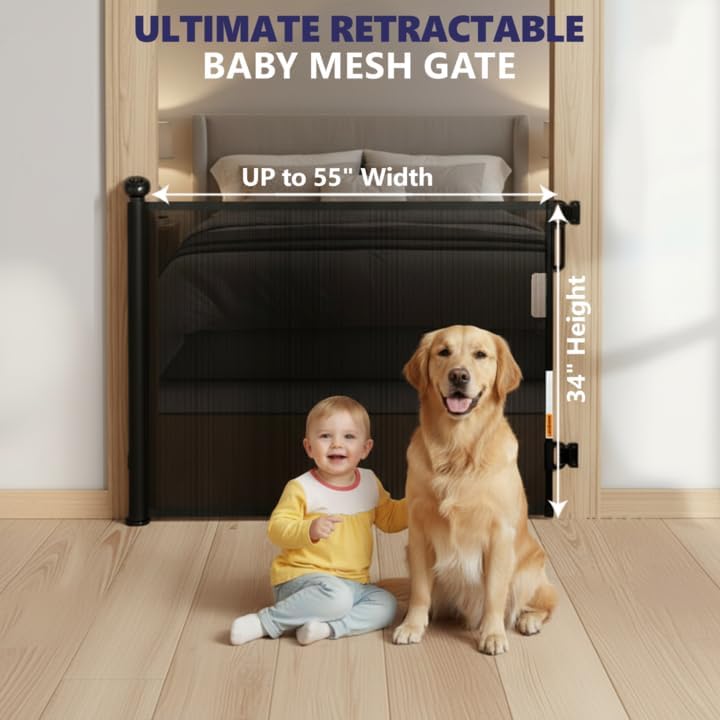 Retractable Baby Gates - 55 Inch - Black Color - Use for stairs, gates - Stop pets