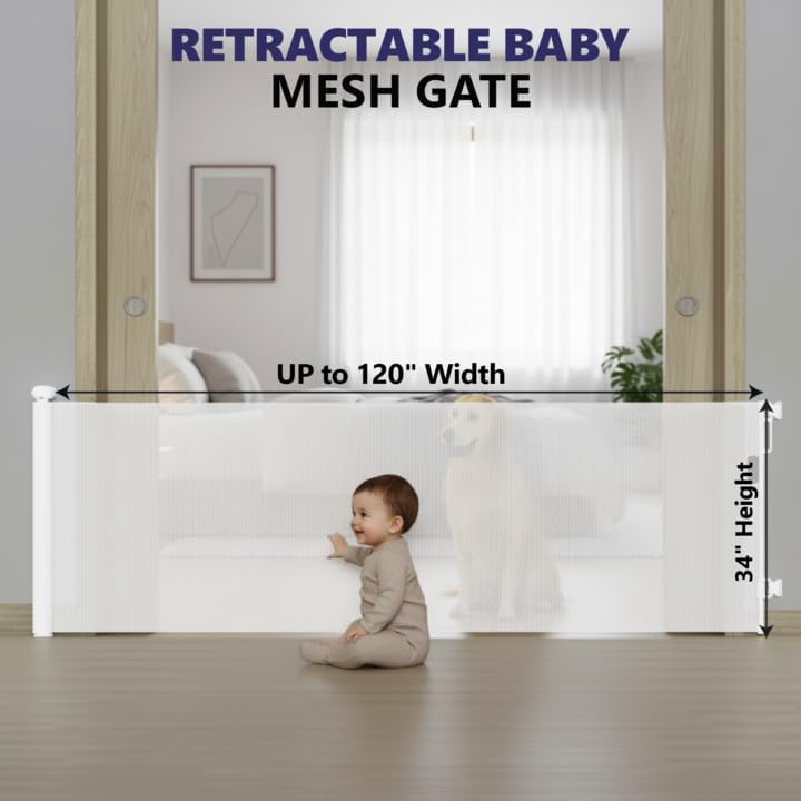 Retractable Baby Gates - 120 Inch - White Color - Use for stairs, gates - Stop pets