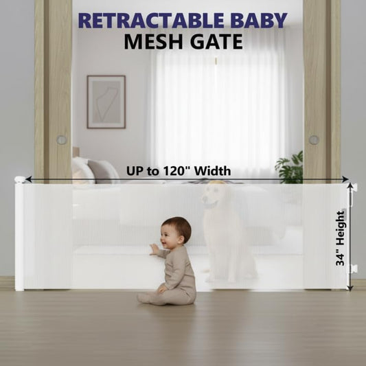 Retractable Baby Gates - 120 Inch - White Color - Use for stairs, gates - Stop pets