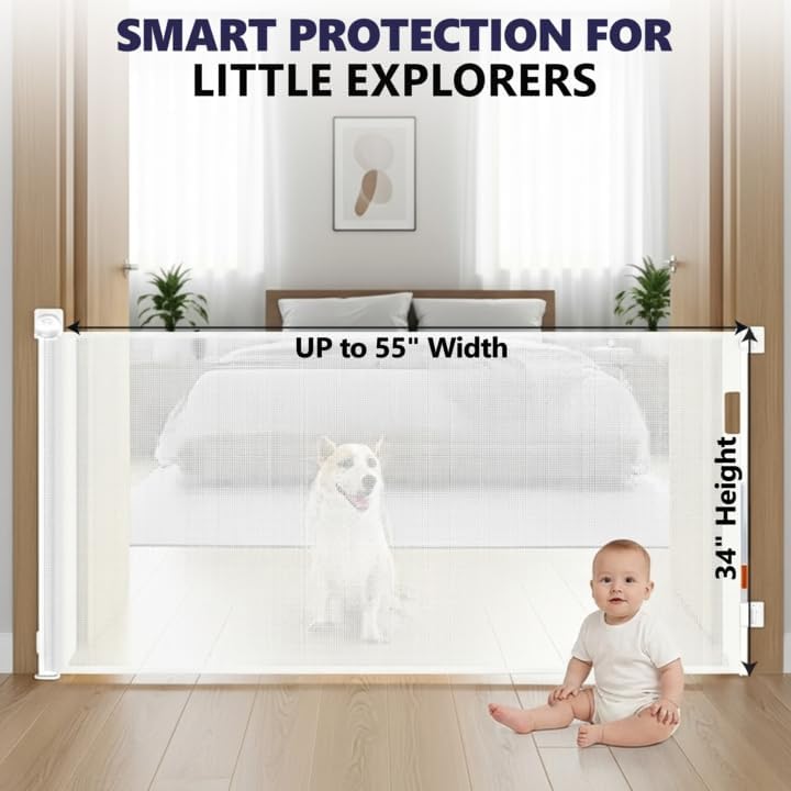 Retractable Baby Gates - No Drill - 55 Inch - White Color - Use for stairs, gates - Stop pets