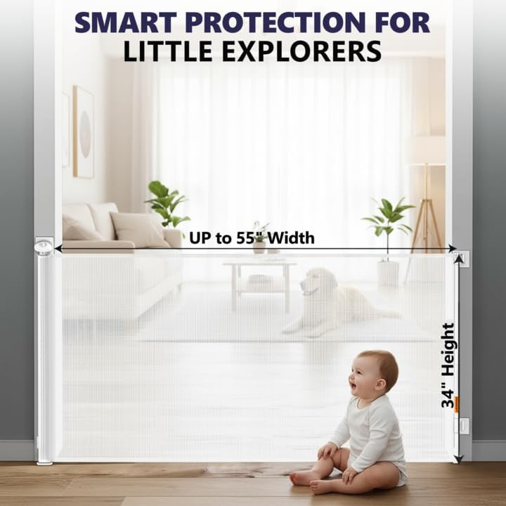 Retractable Baby Gates - 55 Inch - White Color - Use for stairs, gates - Stop pets