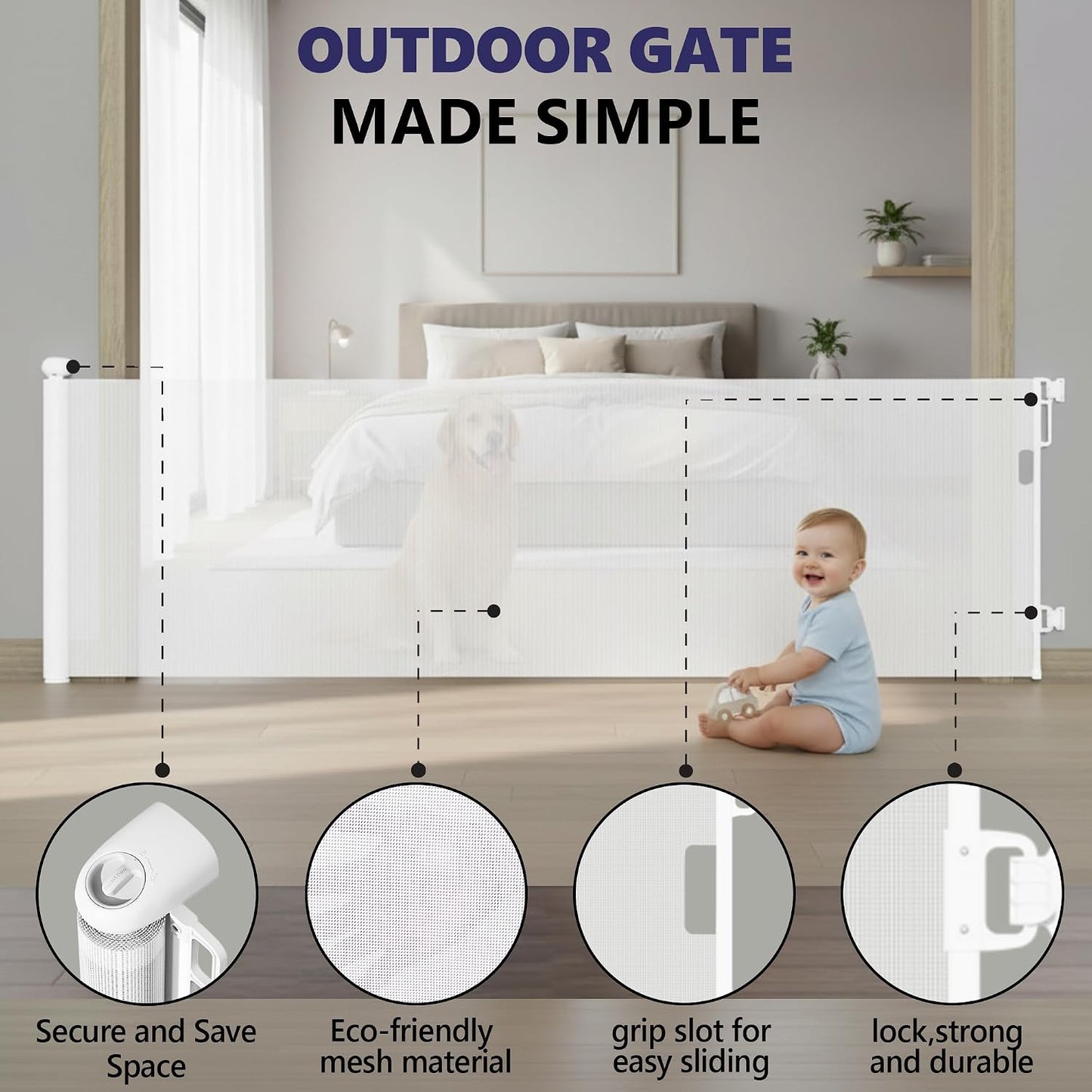 Retractable Baby Gates - 120 Inch - White Color - Use for stairs, gates - Stop pets