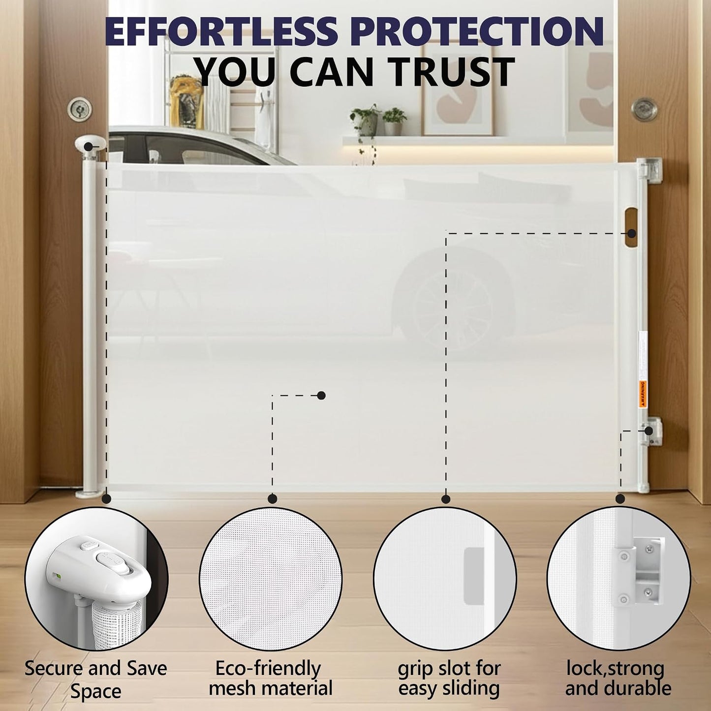 Retractable Baby Gates - No Drill - 55 Inch - White Color - Use for stairs, gates - Stop pets
