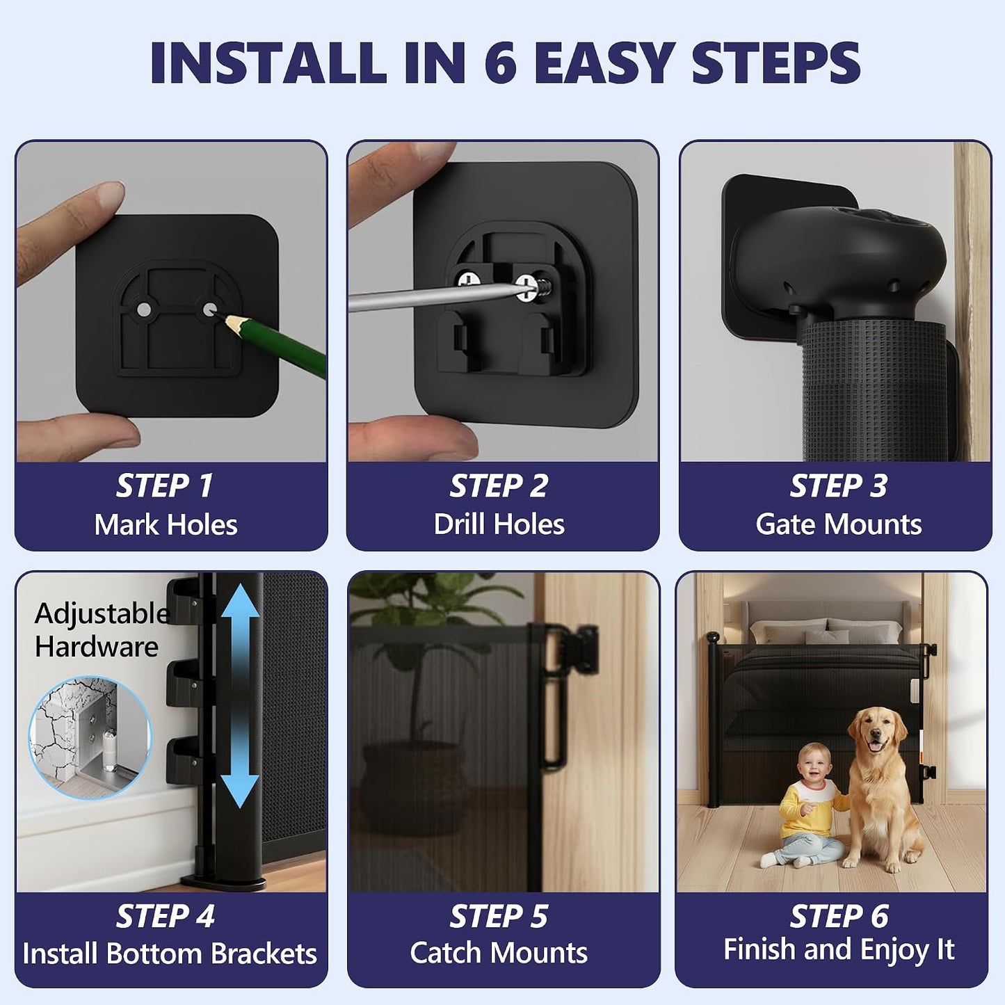 Retractable Baby Gates - 55 Inch - Black Color - Use for stairs, gates - Stop pets