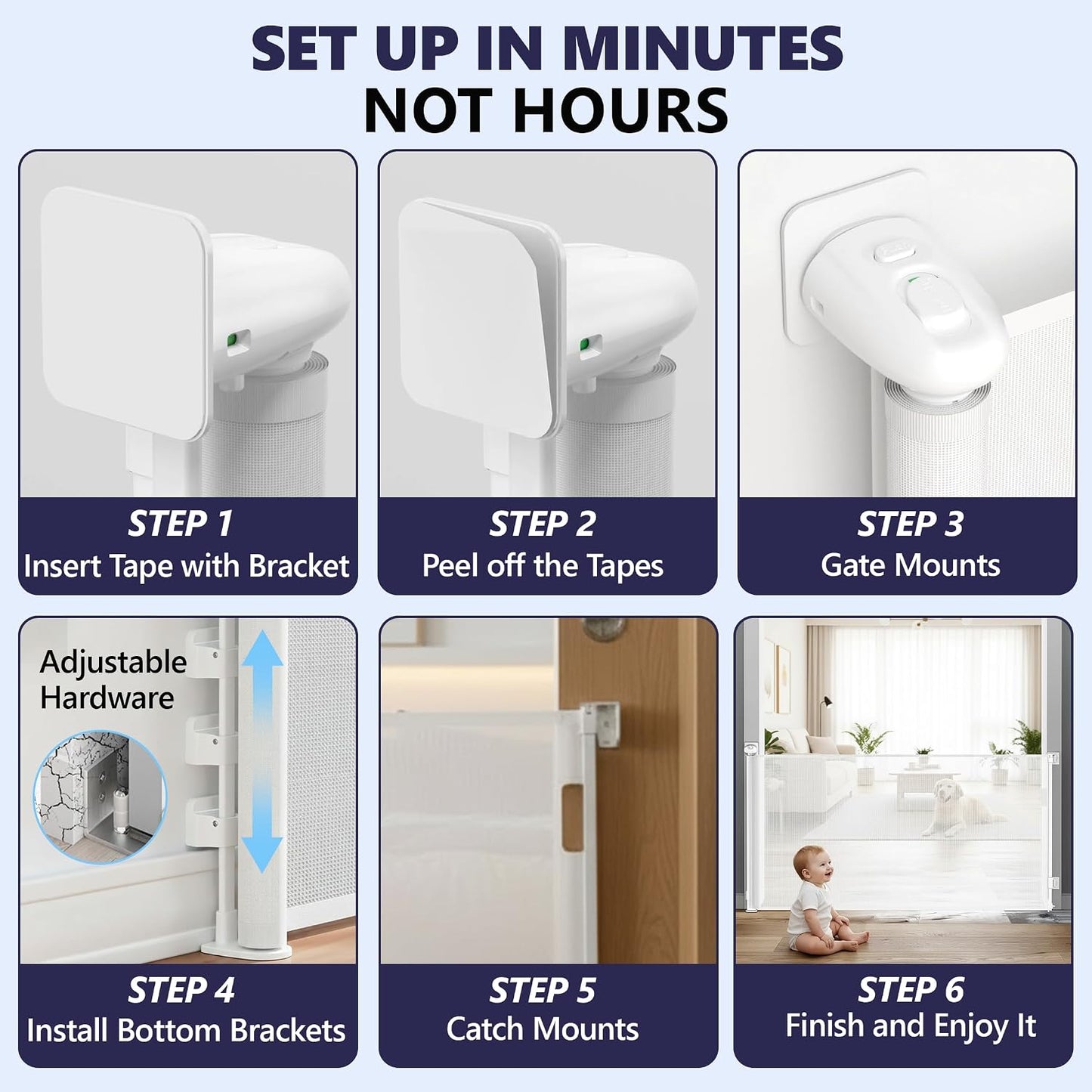 Retractable Baby Gates - No Drill - 55 Inch - White Color - Use for stairs, gates - Stop pets