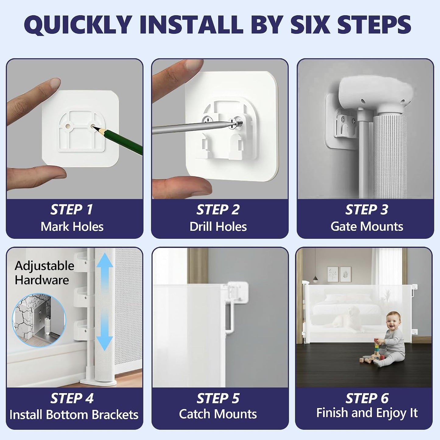 Retractable Baby Gates - 120 Inch - White Color - Use for stairs, gates - Stop pets