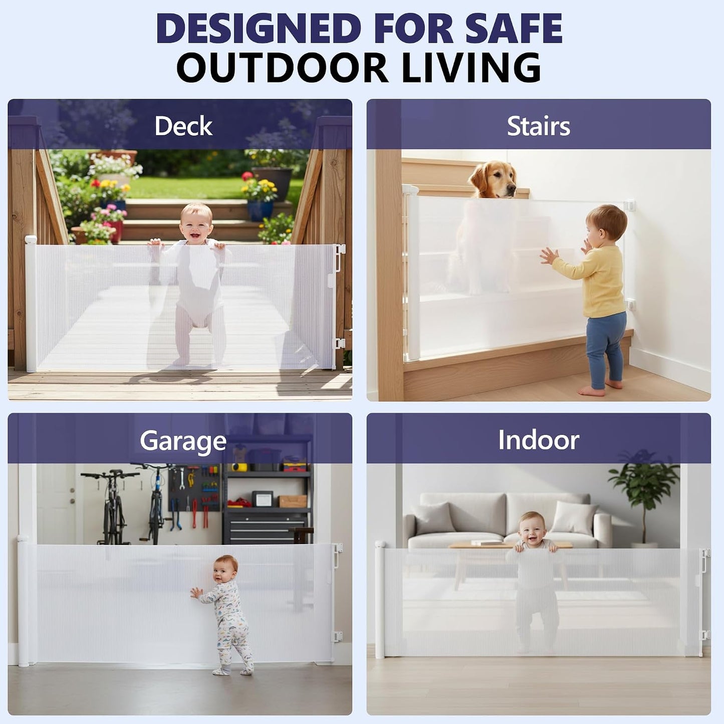 Retractable Baby Gates - 120 Inch - White Color - Use for stairs, gates - Stop pets