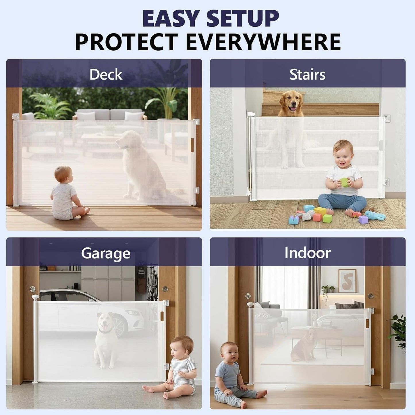 Retractable Baby Gates - No Drill - 55 Inch - White Color - Use for stairs, gates - Stop pets