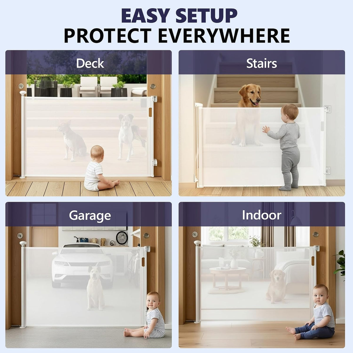 Retractable Baby Gates - 55 Inch - White Color - Use for stairs, gates - Stop pets