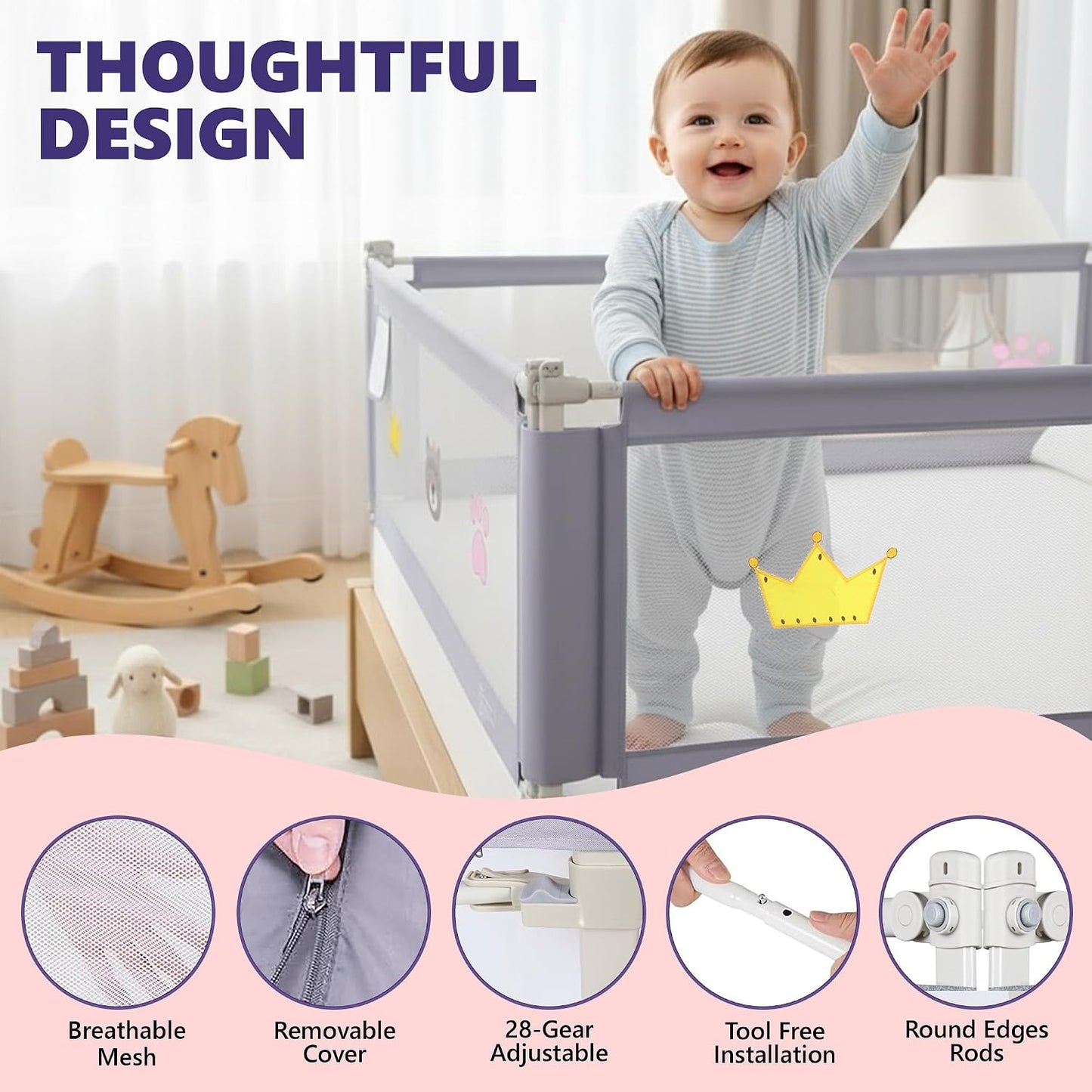 Bed Rail for Toddlers & Adults – Easy Install, Foldable Design, Durable Safety Guard for Beds - 78'' x 59'' - Grey/White