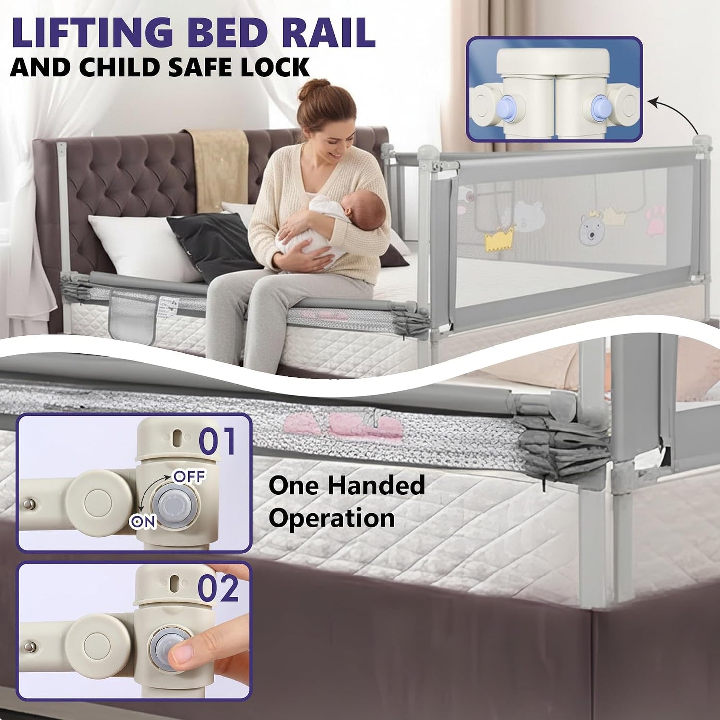Bed Rail for Toddlers & Adults – Easy Install, Foldable Design, Durable Safety Guard for Beds - 78'' x 59'' - Grey/White