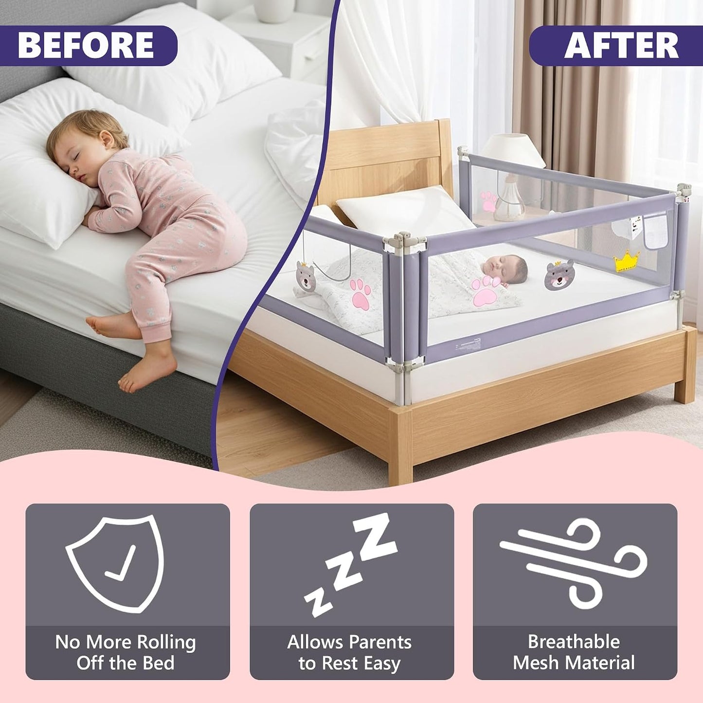Bed Rail for Toddlers & Adults – Easy Install, Foldable Design, Durable Safety Guard for Beds - 78'' x 59'' - Grey/White