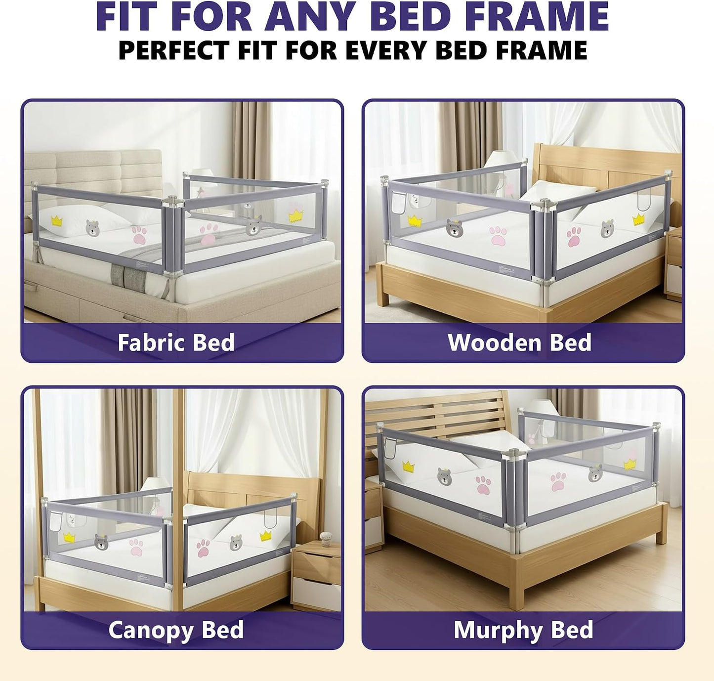 Bed Rail for Toddlers & Adults – Easy Install, Foldable Design, Durable Safety Guard for Beds - 78'' x 59'' - Grey/White